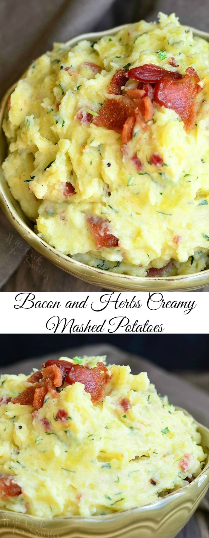 photo collage Mashed Potatoes with bacon and herbs mixed in and bacon on top  in a bowl  