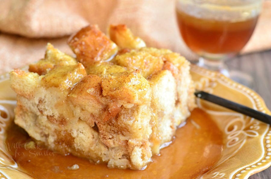 Eggnog Bread Pudding with Butter Brandy Sauce on a plate 