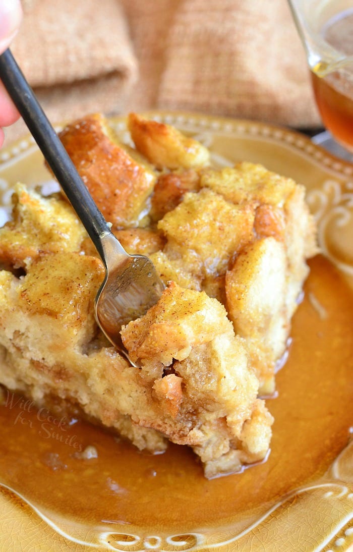 Putting a fork in eggnog Bread Pudding with Butter Brandy Sauce