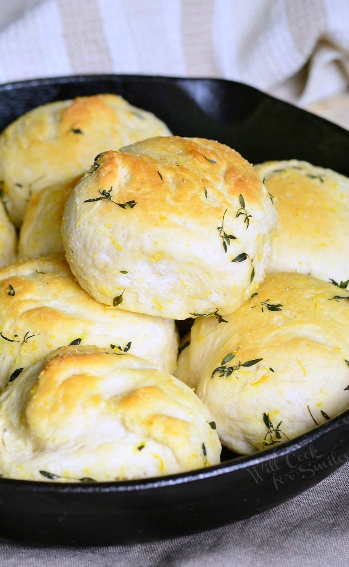 Lemon Thyme Skillet Biscuits in a cast iron skillet 