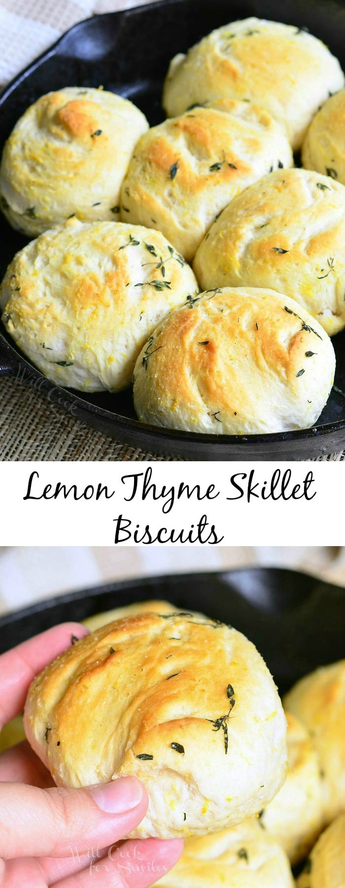 Photo collage Biscuits in a cast iron skillet bottom photo of holding biscuit 