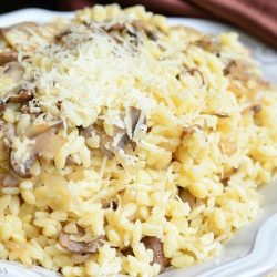 decorative plate topped with parmesan mushroom orzo on a burlap placemat with a redish brown cloth in the background as viewed close up