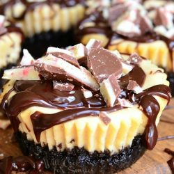 4 peppermint mocha mini cheesecakes sitting on a small paddle cutting board on a dark wood table