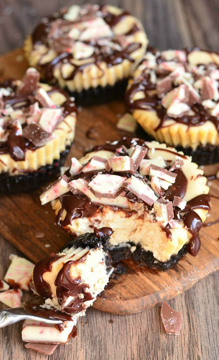 Peppermint Mocha Mini Cheesecakes with peppermint candy on top on a cutting board 