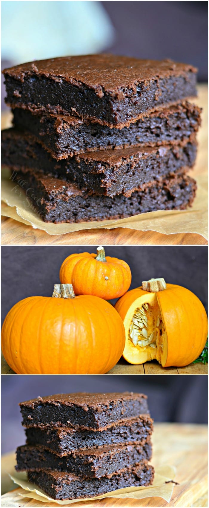 collage top Pumpkin Brownies stacked up on parchment paper, middle photo of pumpkins last photo of brownies stacked on a parchment paper 