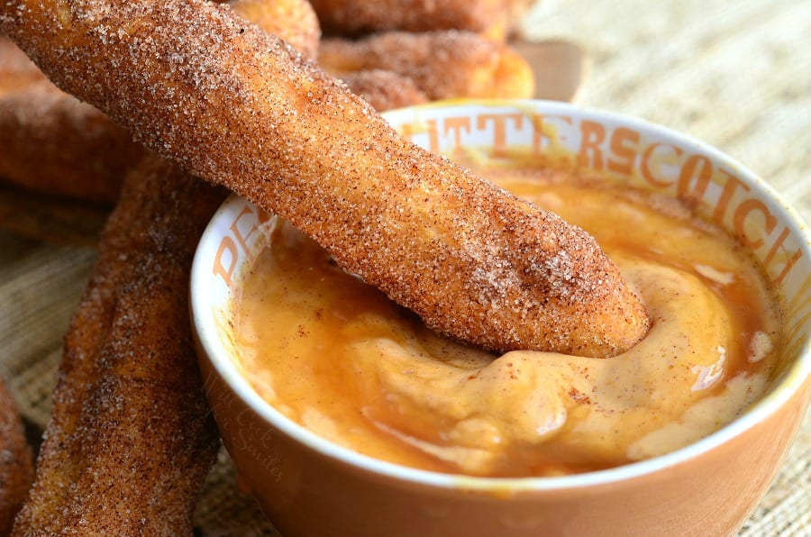 dipping Sugar Doughnut Sticks in Pumpkin Yogurt Dip 