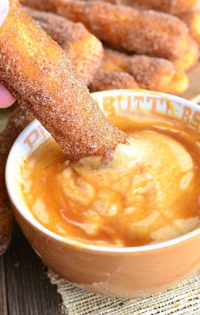 dipping sugar Doughnut Sticks into Pumpkin Yogurt Dip 