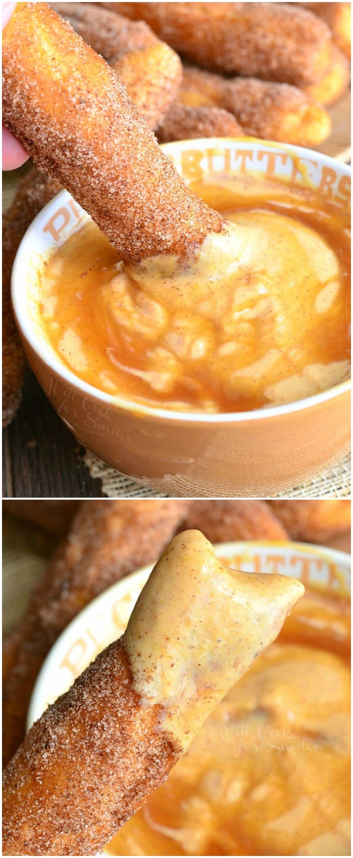 Dipping Sugar Doughnut Sticks in Pumpkin Yogurt Dip collage 