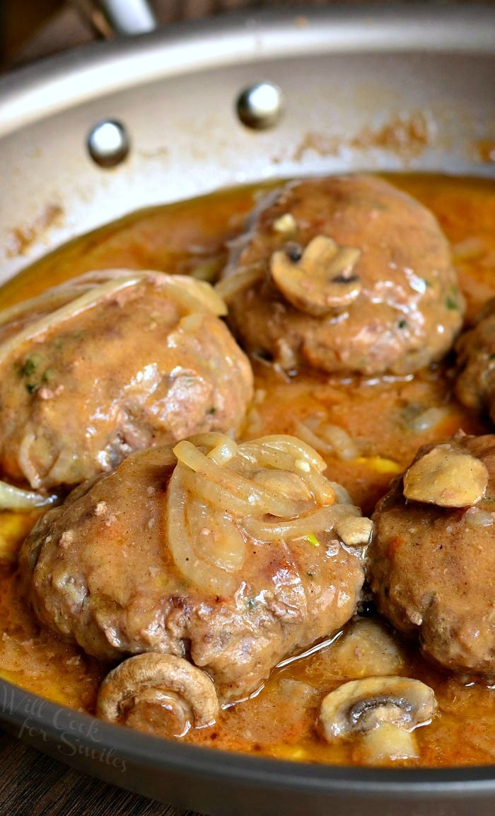 Easy Salisbury Steak with gravy in a pan 