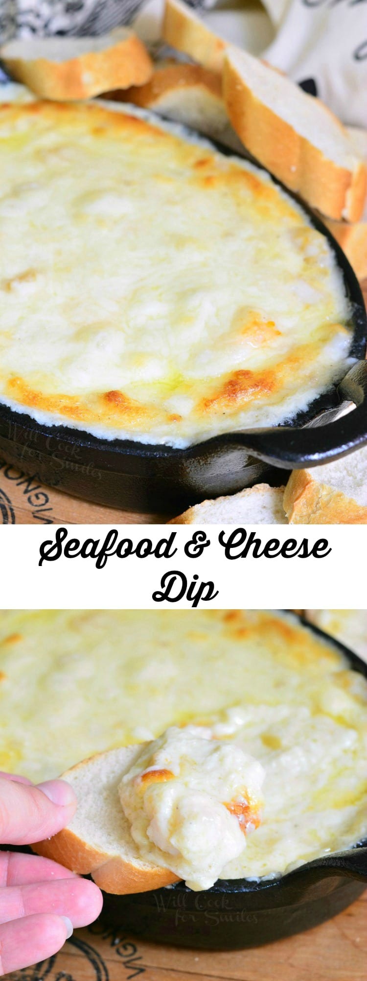 dipping a slice of french bread into Seafood & Cheese Dip that is a cast iron pan 