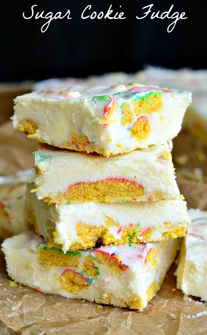 Sugar Cookie Fudge stacked up on table 