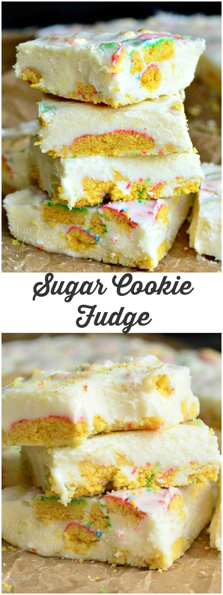 Sugar Cookie Fudge stacked up on parchment paper collage 