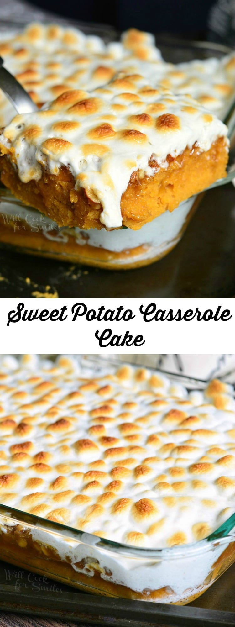 sweet potato casserole with marshmallow topping being lifted out of glass baking pan with a spatula 