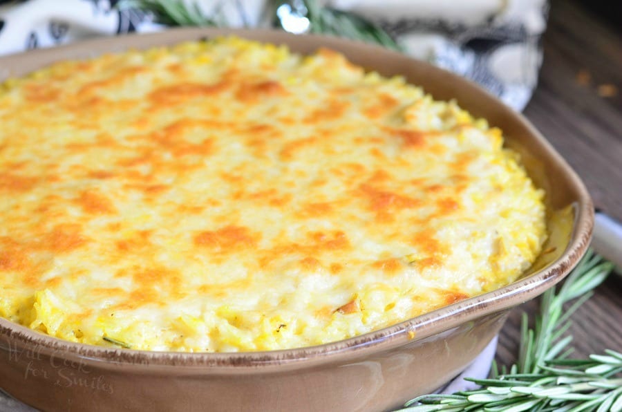 Turkey, Butternut Squash and Mascarpone Rice Casserole in a casserole dish 