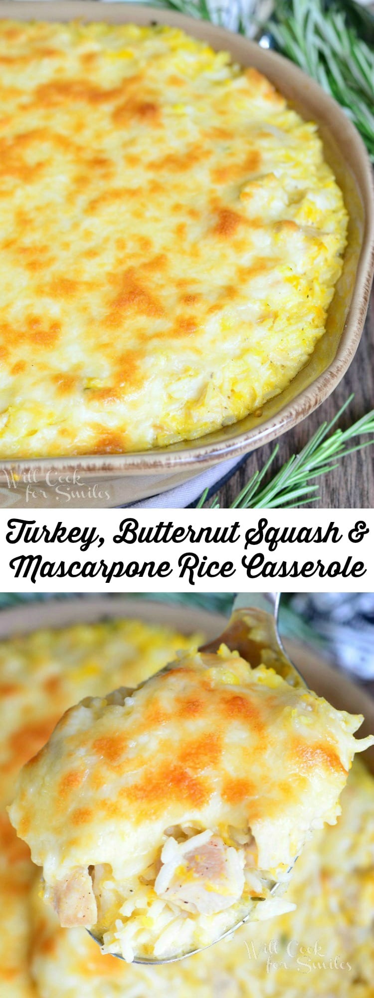 Turkey, Butternut Squash and Mascarpone Rice Casserole in a casserole dish 