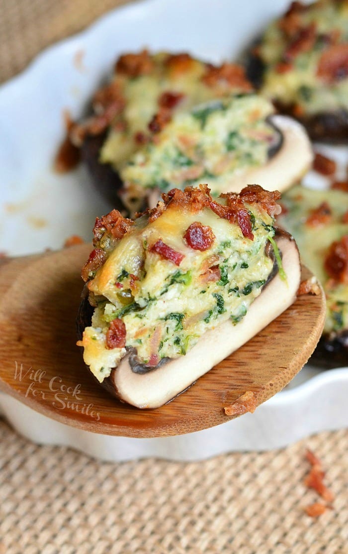 Bacon Spinach and Four Cheese Stuffed Mushrooms | from willcookforsmiles.com