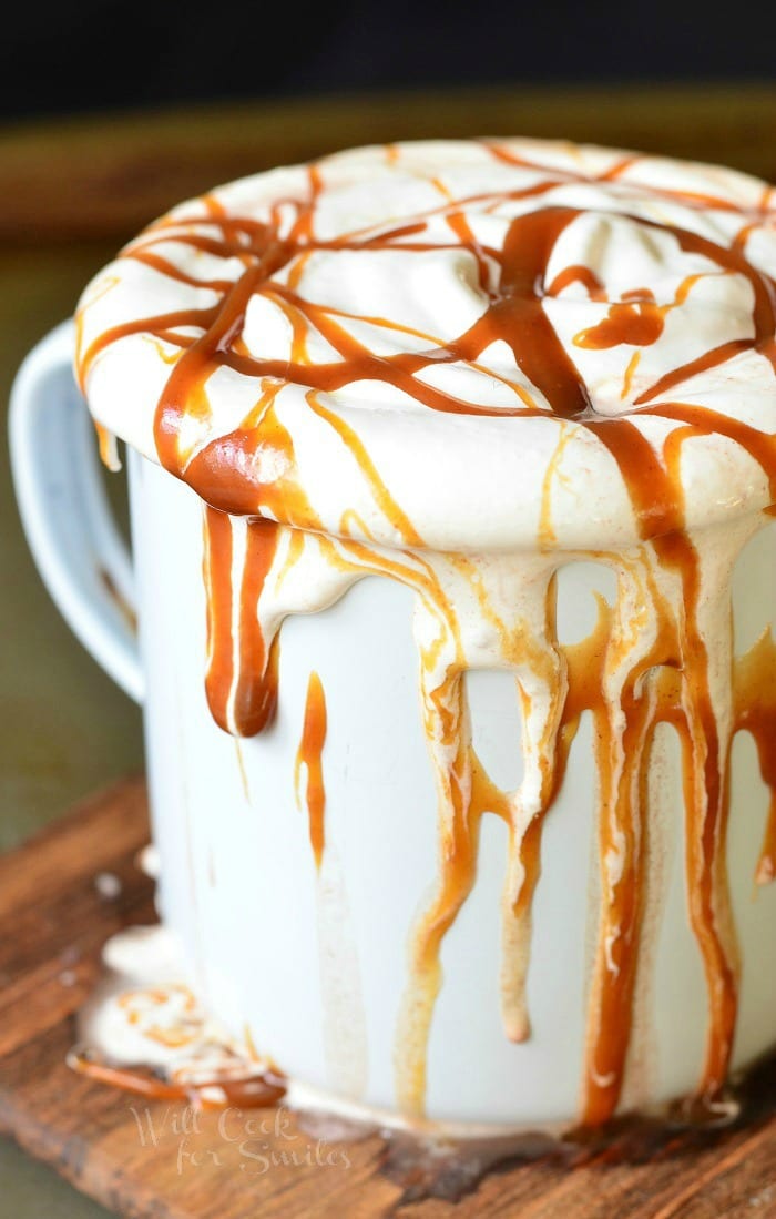 Caramel Marshmallow Hot Chocolate on a white mug with marshmallow and caramel on top 