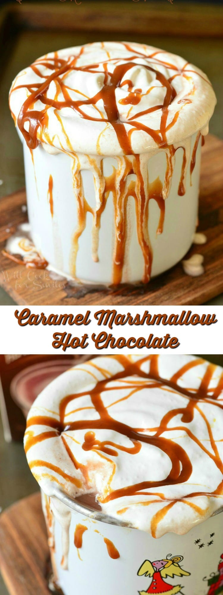 Caramel Marshmallow Hot Chocolate on a white mug with marshmallow and caramel on top 