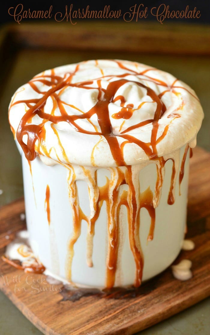Caramel Marshmallow Hot Chocolate on a white mug with marshmallow and caramel on top 