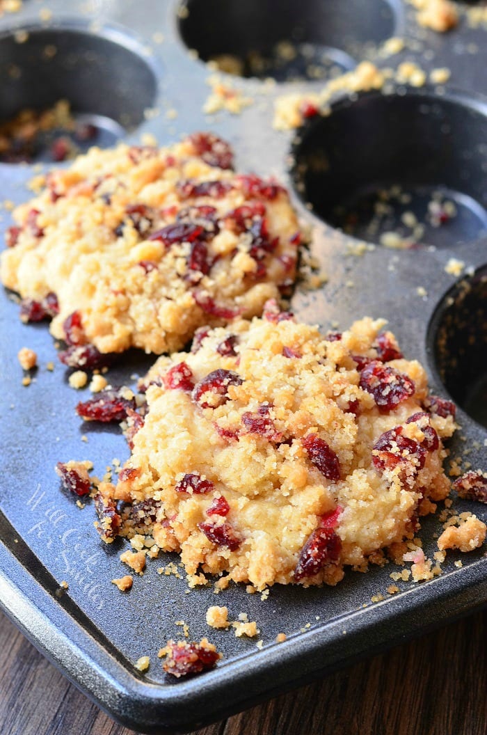 Two Cranberry White Chocolate Chip Streusel Muffins in a muffin pan 