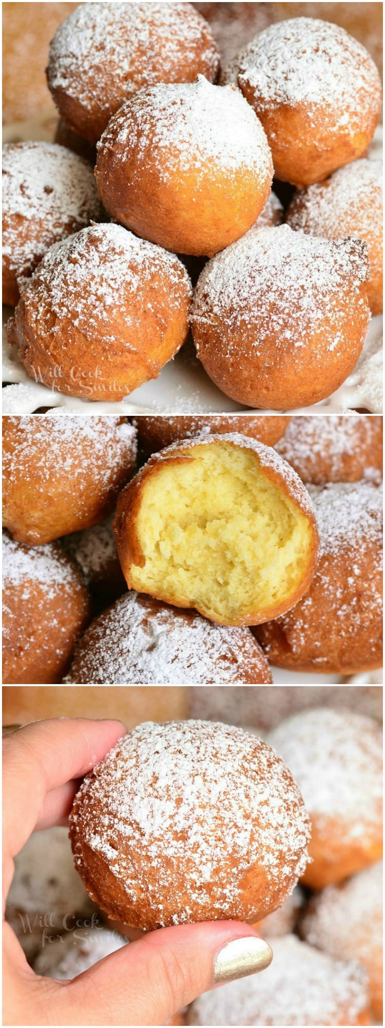 Ricotta photo collage of Doughnut holes with powdered sugar on top stacked on a white plate 