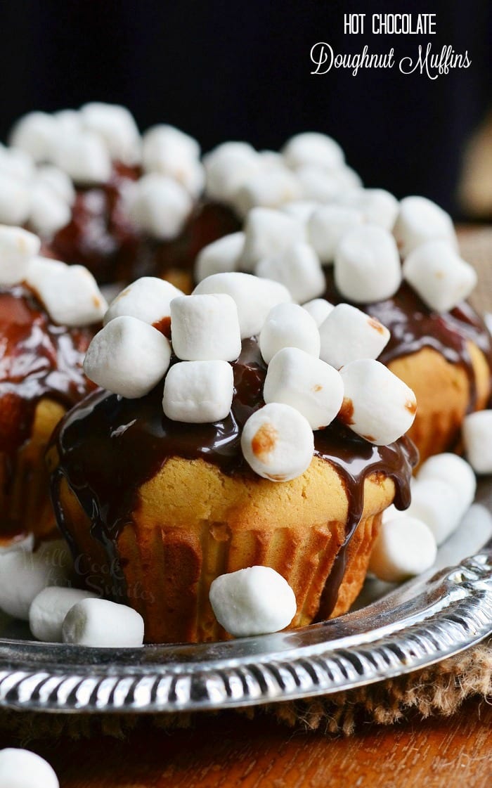 Hot Chocolate Doughnut Muffins with chocolate and mini mushrooms on top 