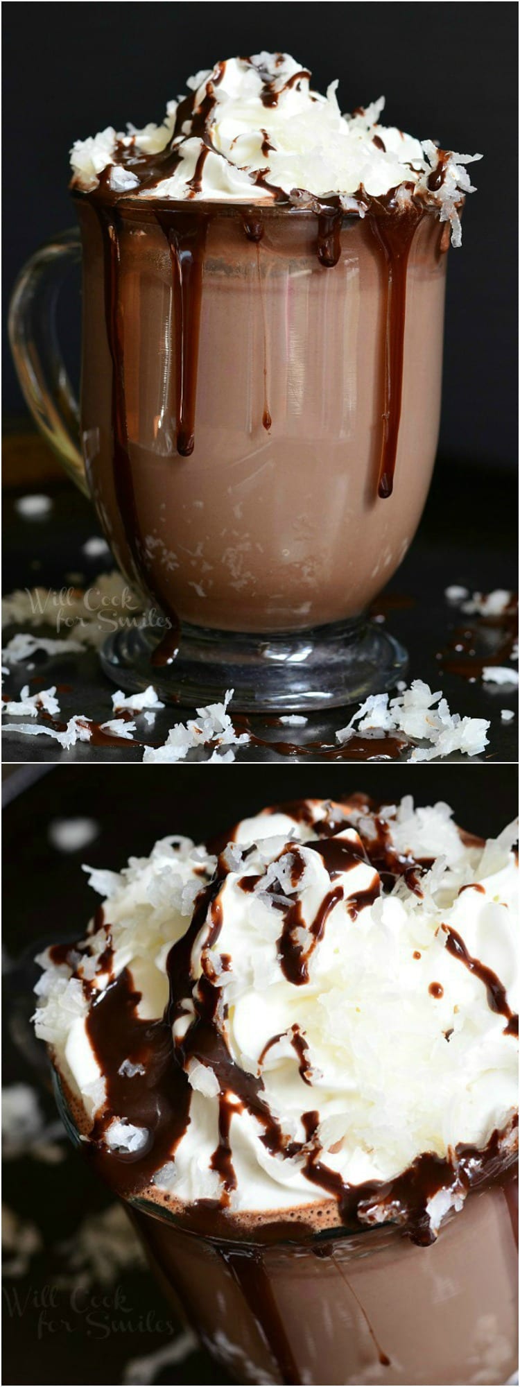 Hot Chocolate in a clear glass with whipped cream, chocolate sauce, and shredded coconut on top  