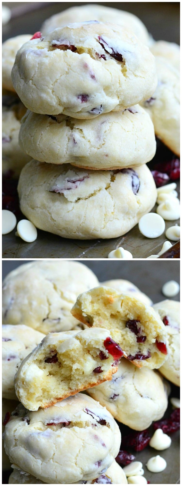 White Chocolate cookies with Cranberries staked on a cutting board with white chocolate chips 