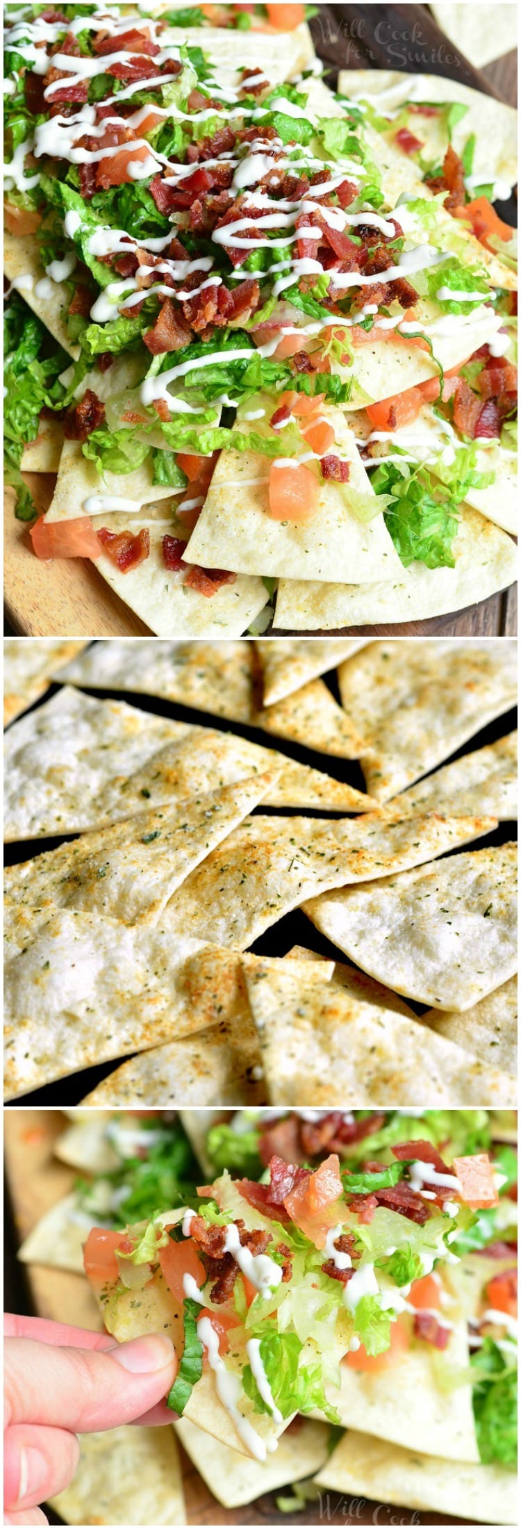 top photo BLT Nachos with lettuce, tomato, bacon, 2nd photo of chips, last photo holding a nacho 