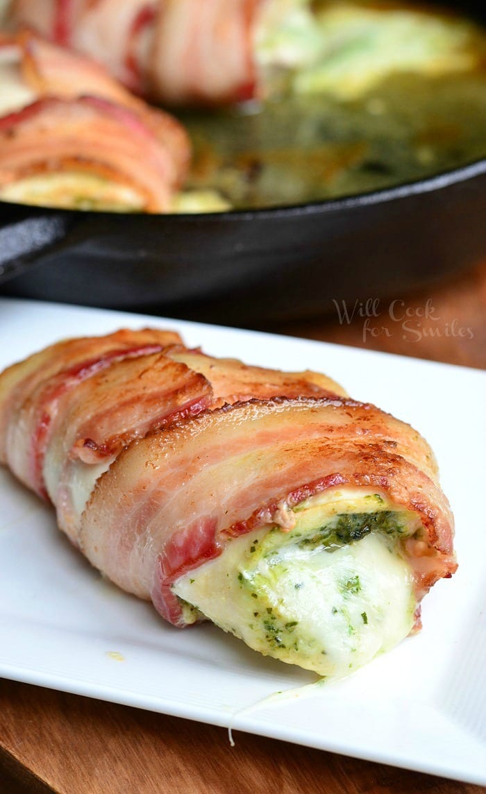 Bacon Wrapped, Mozzarella and Pesto Stuffed Chicken Will Cook For Smiles