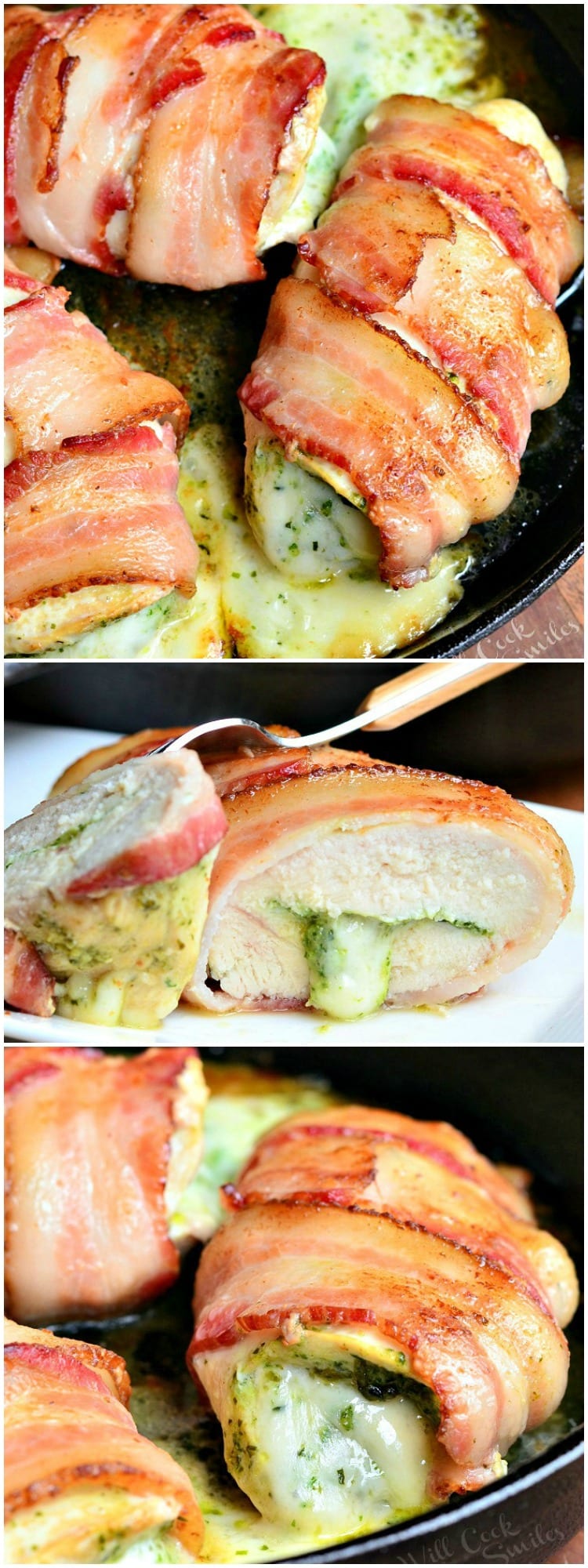 bacon wrapped chicken breast with cheese in a cast iron pan 