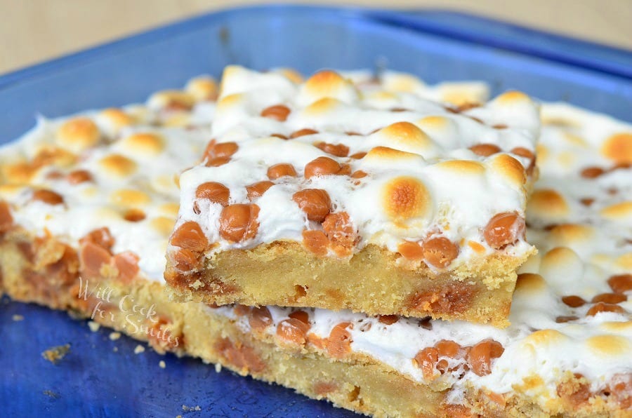 Caramel Marshmallow Cookie Bars 6 from willcookforsmiles.com