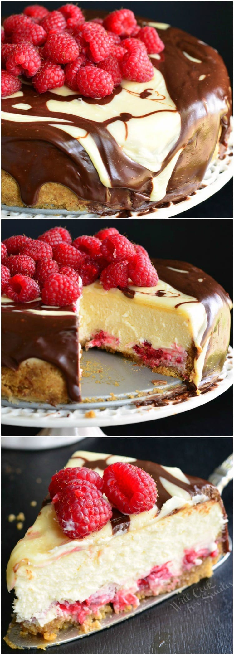 Double Chocolate Ganache and Raspberry Cheesecake with raspberries on top on a cake stand 