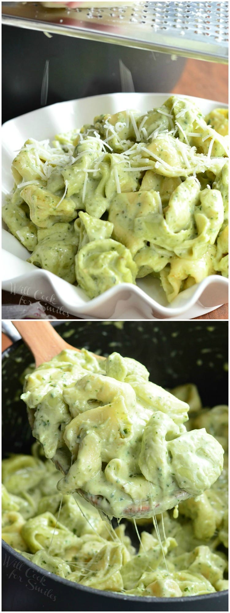 Pesto Alfredo Tortellini in a bowl and then in a pan collage