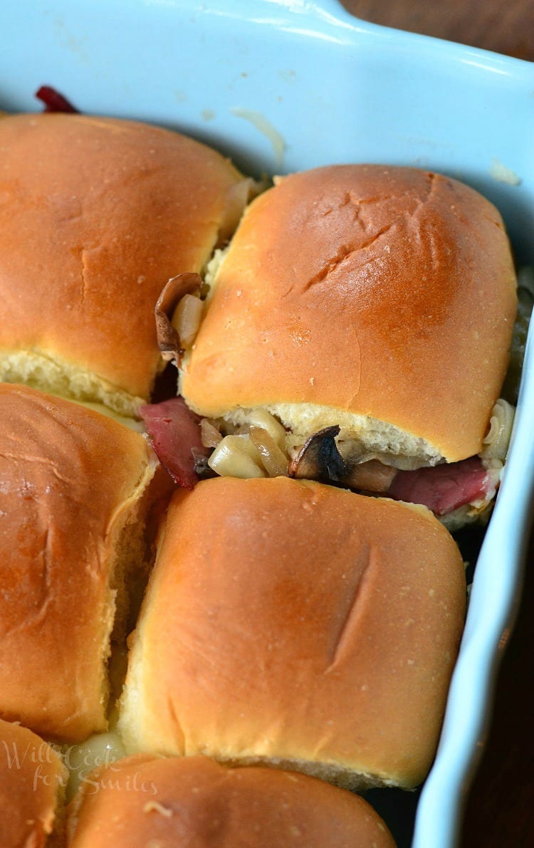 Baked Corned Beef Sliders in a baking dish 