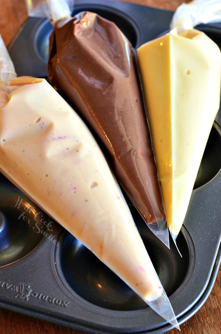 bags of batter for Neapolitan Glazed Doughnuts