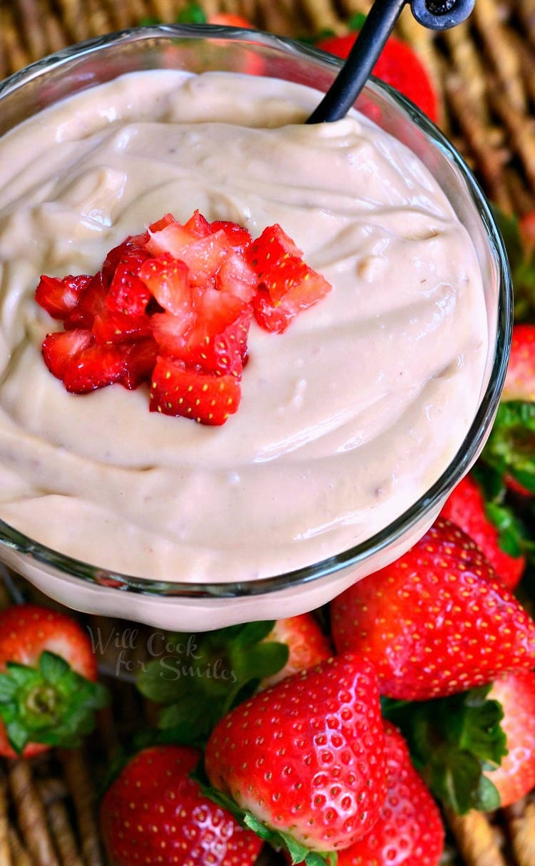 top view of Strawberry Pudding with cut strawberries on top 