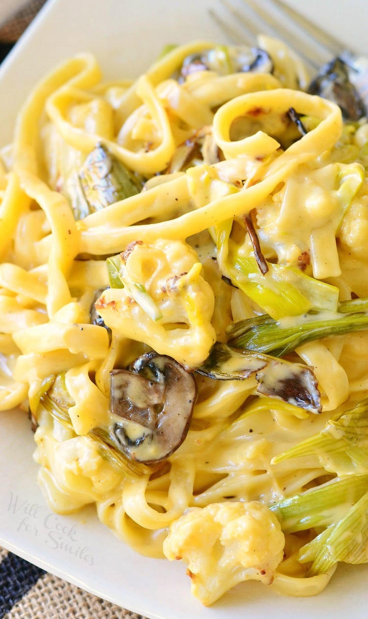 Cauliflower, Leek and Mushroom, with Fettuccine noodles in Garlic Cheese Sauce in a bowl 