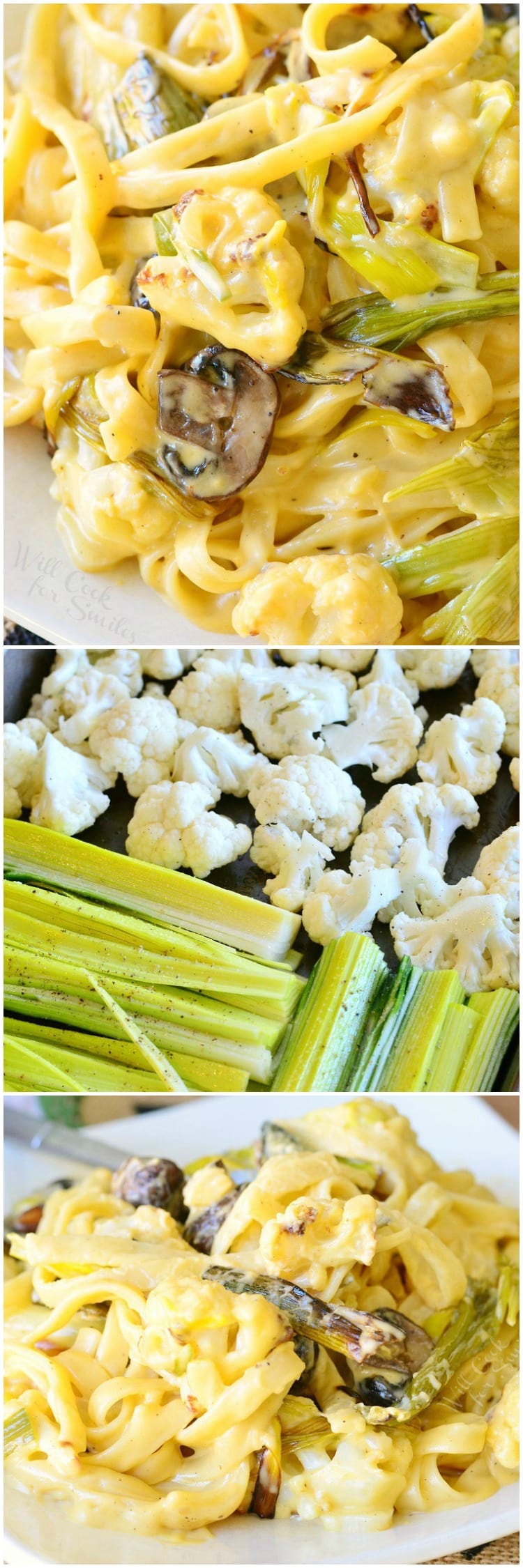 Cauliflower, Leek and Mushroom, with Fettuccine noodles in Garlic Cheese Sauce in a bowl 