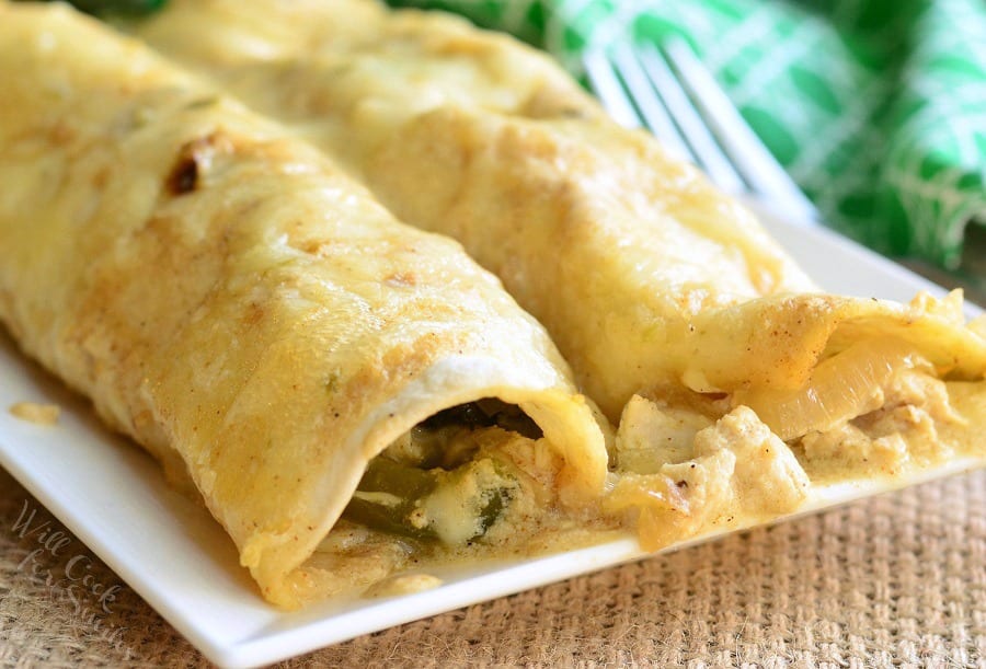 Roasted Poblano and Chicken Enchiladas on a plate 