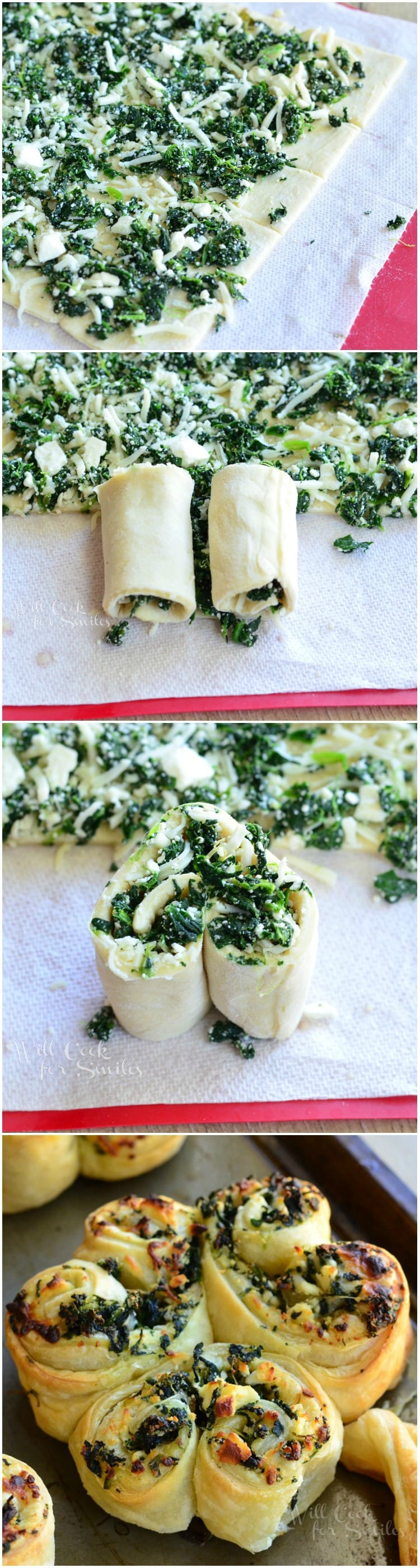 Spinach and Feta filling being put into Pastry and turned into a Shamrock 