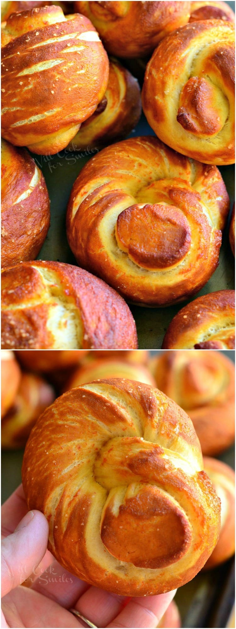 collage first Pretzel Knots on a baking dish 2nd photo holding a pretzel knots 