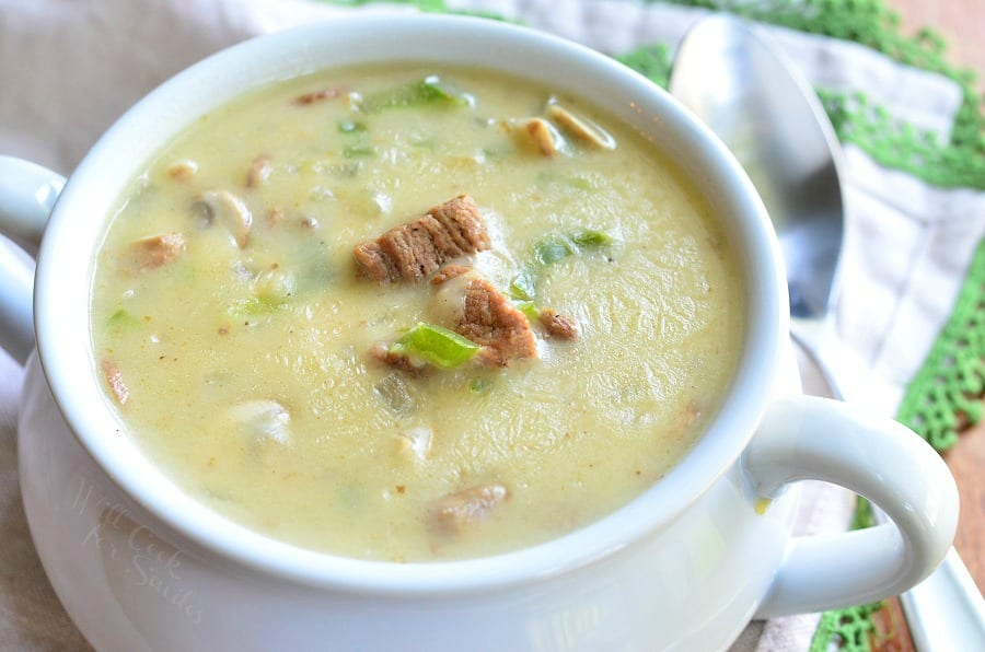 Top View of Steak and Cheese Soup in a soup bowl 