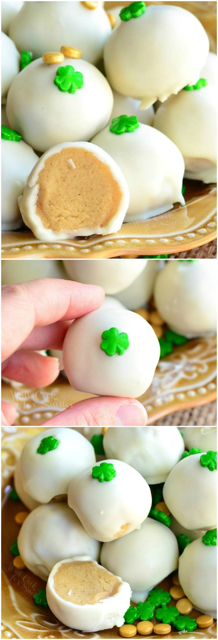 Bailey's Cookie Dough Truffles with shamrock candy on top on a yellow plate photo collage 