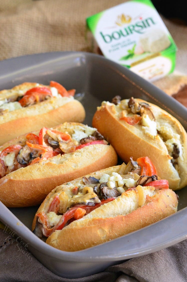 Baked Mini Veggie and Cheese Sandwiches on hoagie rolls in a baking pan 