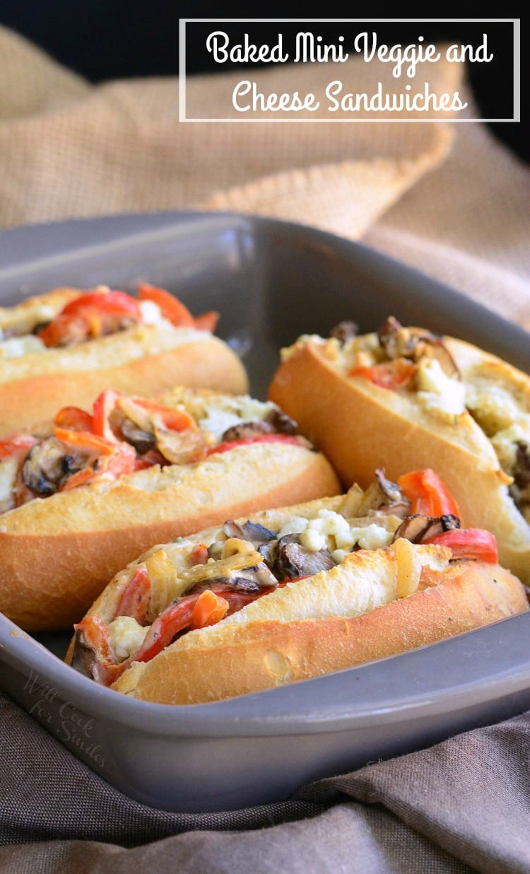 Baked Mini Veggie and Cheese Sandwiches on hoagie rolls in a baking pan 