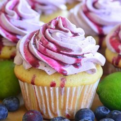 key lime cupcake with blueberry frosting and blueberries around the cupcake.