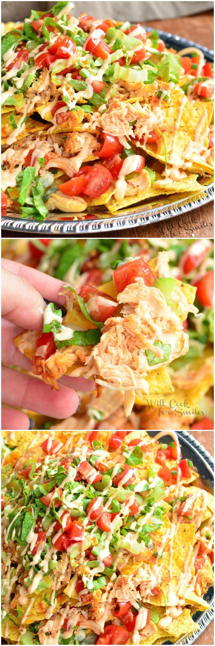 collage top photo Buffalo Chicken Nachos on a metal serving plater on a table, middle photo holding Nacho, bottom photo top view Buffalo Chicken Nachos on a metal serving plater on a table 