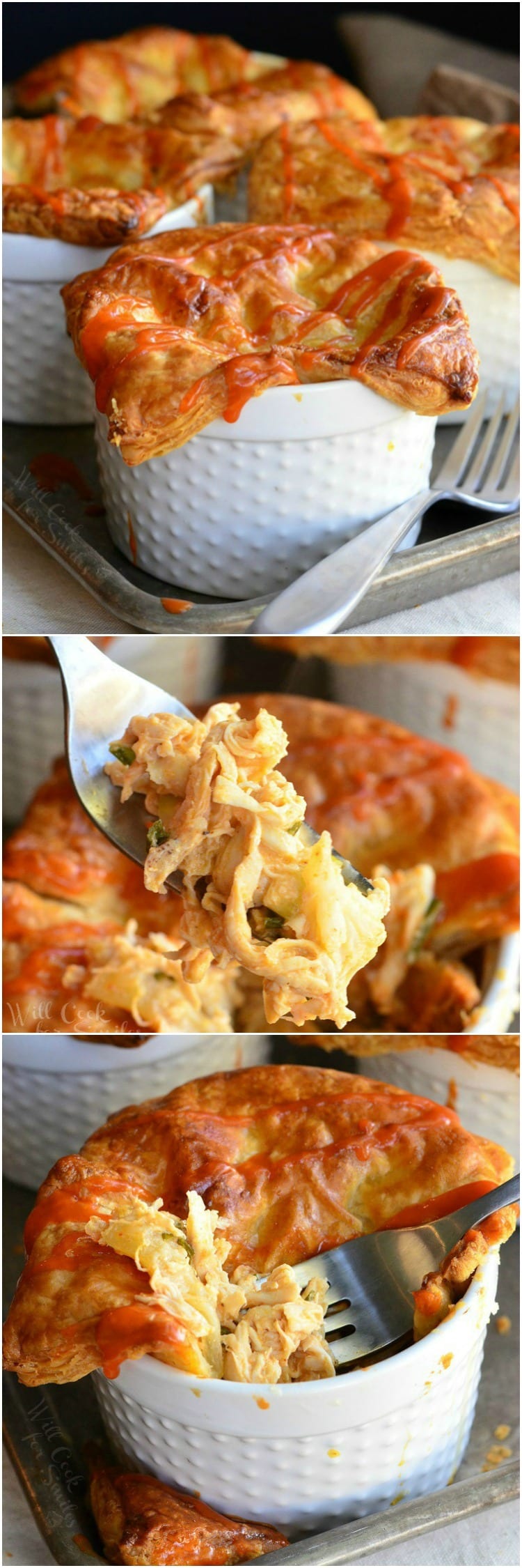 Buffalo Chicken Pot Pies in ramekin's collage 