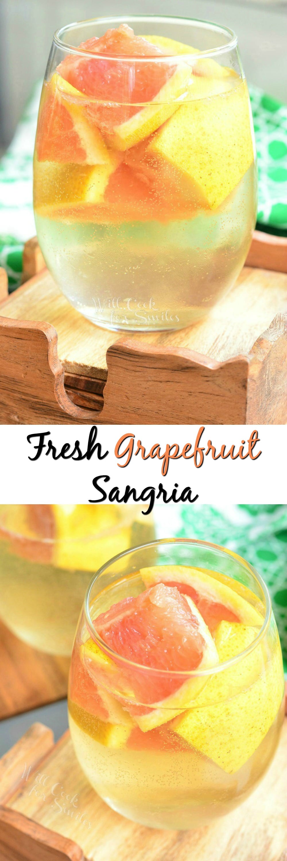 Fresh Grapefruit Sangria in a stemless wine glass with grapefruit in it collage 